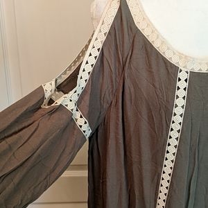 Olive green and cream lace open shoulder dress